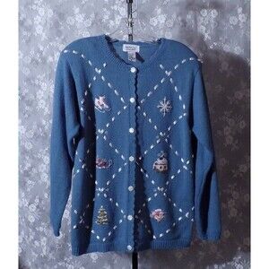 Vintage Christmas Cardigan 90s Blue Winter Holiday Skating Snow Size Small S/M